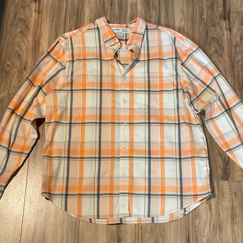 Old Navy Men's Orange and White Plaid Shirt